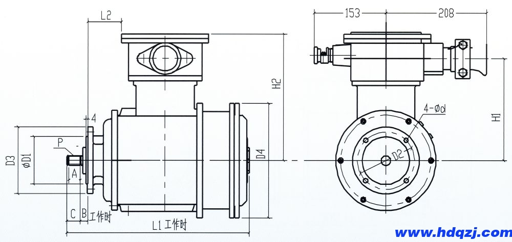 BZDY系列防爆電動葫蘆運(yùn)行一機(jī)雙速電動機(jī)外形尺寸圖